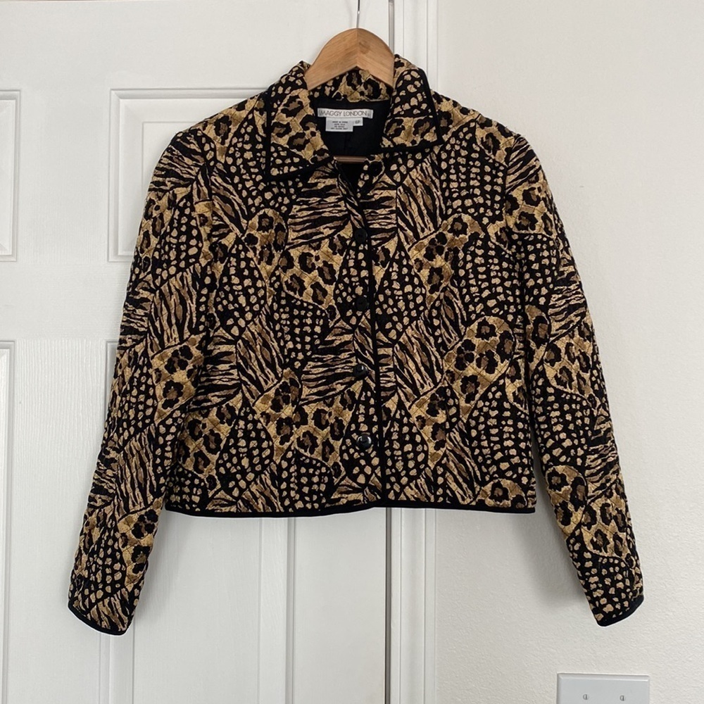 Maggie London vintage quilted jacket in animal print.